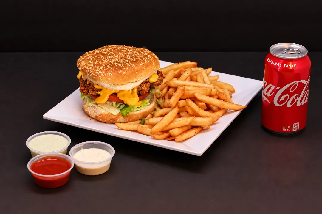 Crispy chicken burger with fries, sauces and a soda
