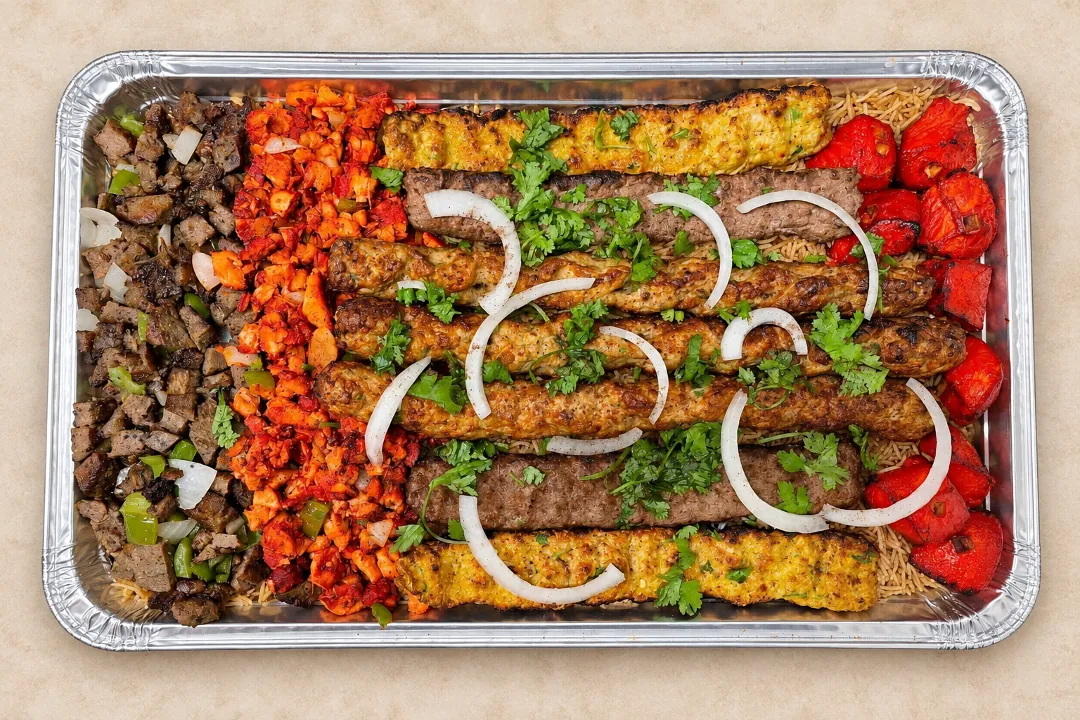 The Regular Family Platter: a tray of seekh, kofta and chicken breast kababs with gyro meat, rice and salad